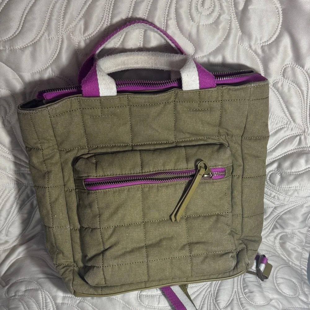 Stylish Olive Quilted Backpack with Purple Accents